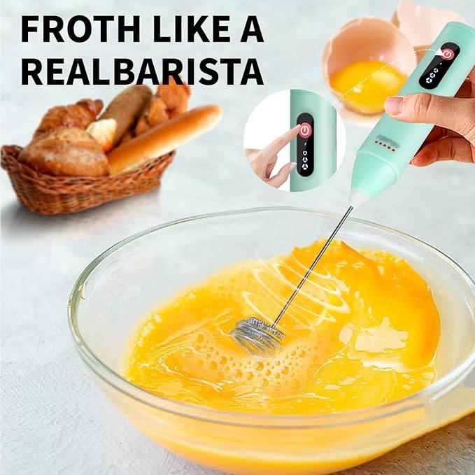 3-Speed Rechargeable Milk Frother for Coffee, Baking & Eggs - USB Fast Charging, Portable Frother Wand for Perfect Foam Every Time! (Light green, 3-Speed & USB Rechargeable)