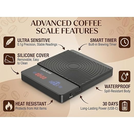 Sensitive Coffee Scale with Timer – 2kg/0.1g High Accuracy Small Espresso Scale for Barista Tools - Waterproof, Pour Over, and Drip Coffee – Precision Espresso Scale with Timer