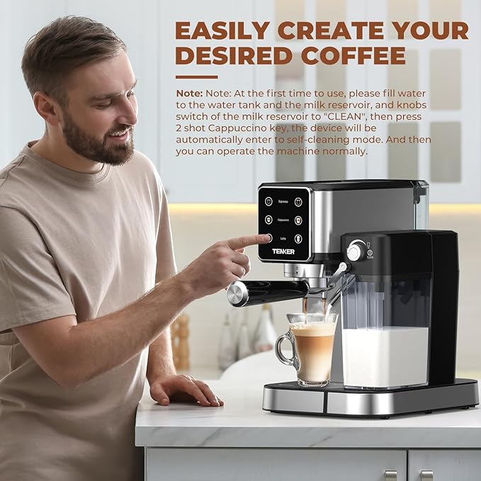 TENKER Espresso Machine 20 Bar, Cappuccino Machine with Automatic Milk Frother, Latte Machine in Stainless Steel Design, 1350W Touchscreen Coffee Maker for Home and Office (Silver)