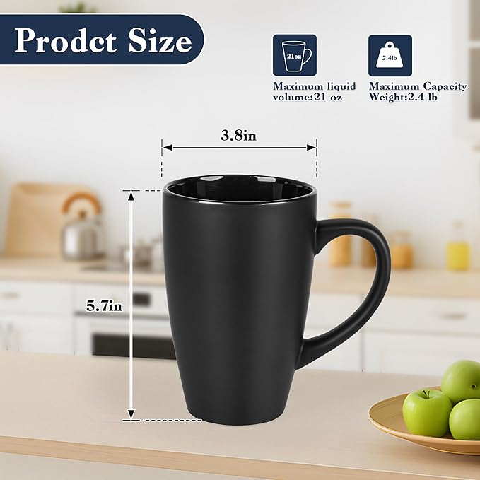 BYCNZB 20oz Extra Large Ceramic Tall Coffee Mugs Set for Coffee Tea Hot Cocoa set of 4 Dishwasher & Microwave Safe (Matte black)