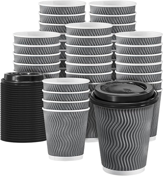 100 Pack 10 oz Disposable Coffee Cups with Lids, Insulated Ripple Wall To-Go Paper Coffee Cups Suitable for Chocolate Cocoa and Hot/Cold Drinks (Grey)