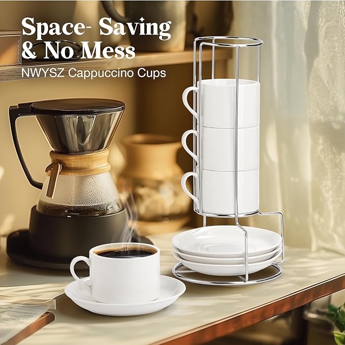 NWYSZ 5 Ounce White Porcelain Stackable Espresso Cups with Stainless Steel Holder, Set of 4, Durable Ceramic, Perfect for Home, Office or Gift