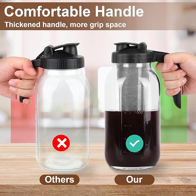 Cold Brew Coffee Maker Pitcher, 64 Oz Heavy Duty Glass Mason Jar Pitcher with V-shaped Pour Spout Handle Lid,Stainless Steel Filter for Iced Coffee,Iced tea,Fruit Drinks,lemonade - Black