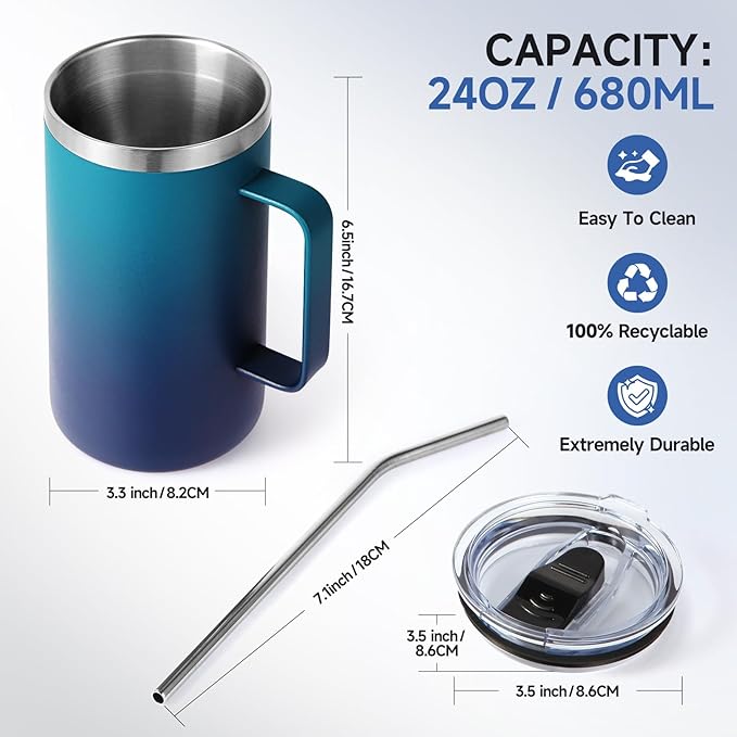 Volhoply 24oz Insulated Coffee Mug with Lid and Straw, Stainless Steel Travel Mugs with Handle, Double Wall Vacuum Leak Proof Coffee Tumbler Cup (Dark Night,1)