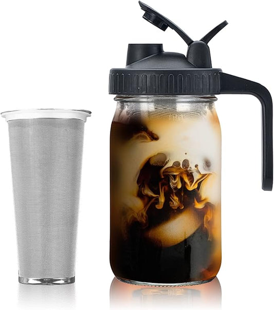 Jrssae Cold Brew Coffee Maker - 32oz Cold Brew Pitcher with Stainless Steel Super Dense Filter Easy of Use, Durable & Sturdy Classic BPA Free Sturdy Mason jar Pitcher with Black Lid Easy to Clean