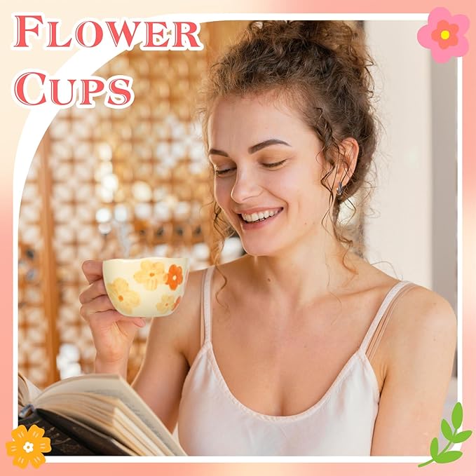 MAKCNMYM Ceramic Coffee Mug Vintage Flower Mugs 8 oz Cute Floral Coffee Mugs Irregular Latte Art Cup Lead-free Porcelain Cups for Cappuccino, Cocoa (Orange Flowers)