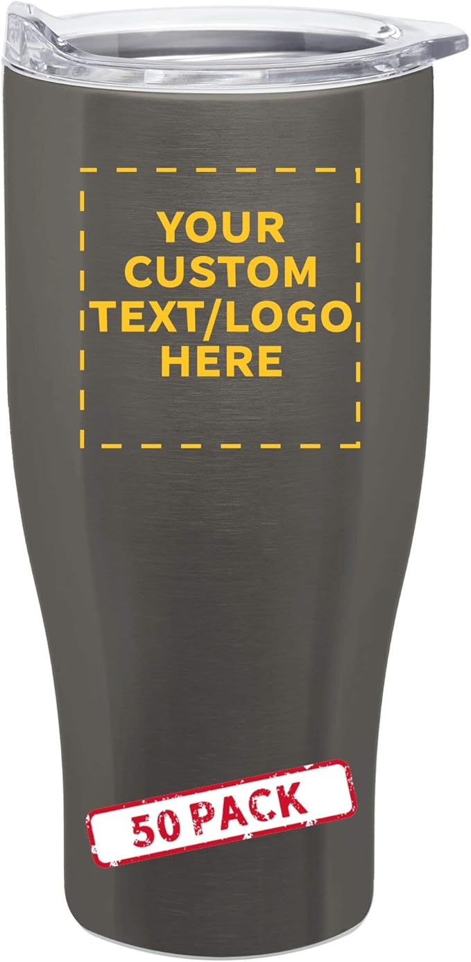 Custom Stainless Steel Grip Travel Mugs 27 oz. Set of 50, Personalized Bulk Pack - Perfect for Coffee, Soda, Other Hot & Cold Beverages - Smoke