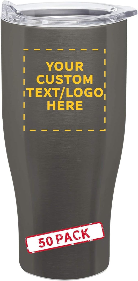 Custom Stainless Steel Grip Travel Mugs 27 oz. Set of 50, Personalized Bulk Pack - Perfect for Coffee, Soda, Other Hot & Cold Beverages - Smoke