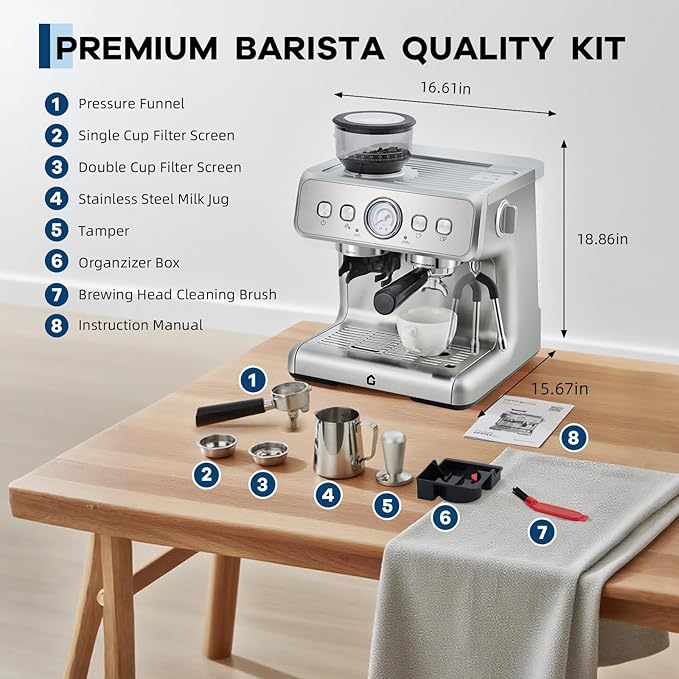 20-Bar Espresso Machine with Grinder – Stainless Steel Coffee Maker – 2.8L Removable Tank, 30 Grind Settings, Adjustable Shot Volume, Milk Frother Steam Wand for Home or Office