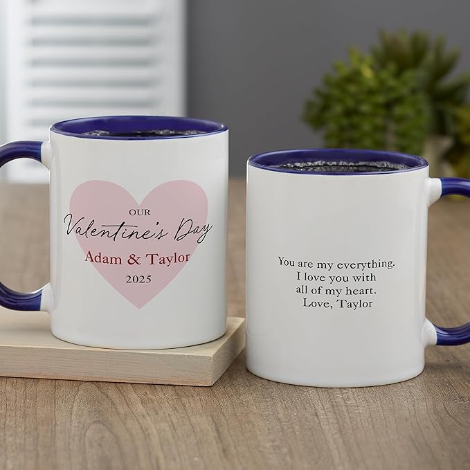 Personalization Universe Our First Valentine's Day Personalized Coffee Mug - 11 oz Ceramic - Customizable Text & Names - Ideal Valentines Day Gifts for Him - Microwave/dishwasher Safe - Blue