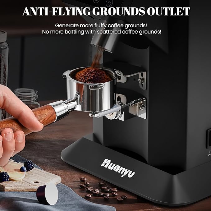 Huanyu Commercial Coffee Grinder with 74mm Flat Burr Reinforced 53oz Bean Hopper (40% Thicker), 15 Stepless Grinds, Touch Screen Black