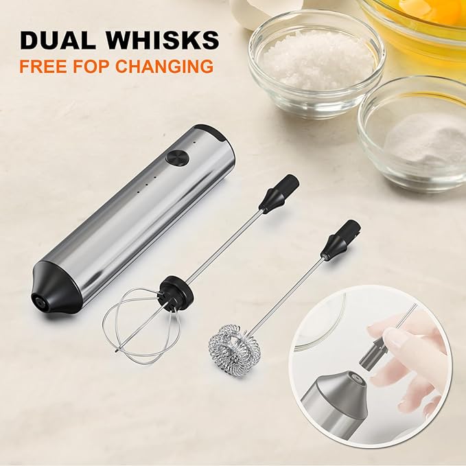 Soenglyun Rechargeable Milk Frother with Stand, 3 Speeds Drink Mixer Handheld with 2 Heads, Electric Frother Wand for Coffee, Latte, Cappuccino, Hot Chocolate, Matcha and Egg Mini Frother, Silver
