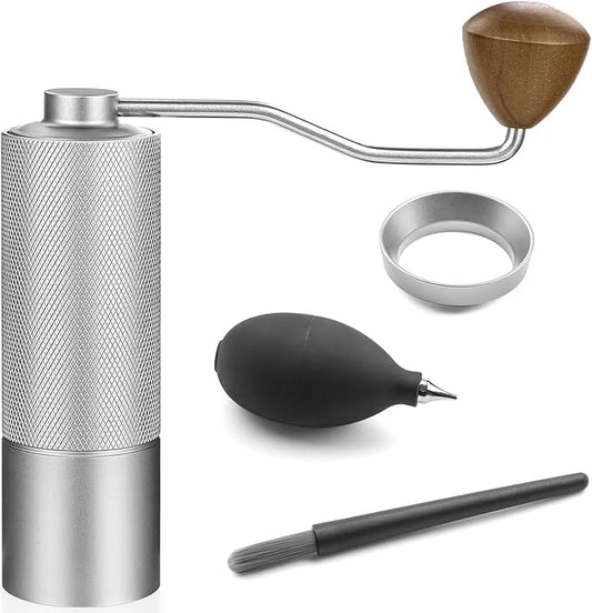 Manual Coffee Grinder with Stainless Steel Burr, Portable Coffee Grinder for for Espresso, Travel, Camping and Office (Silver)