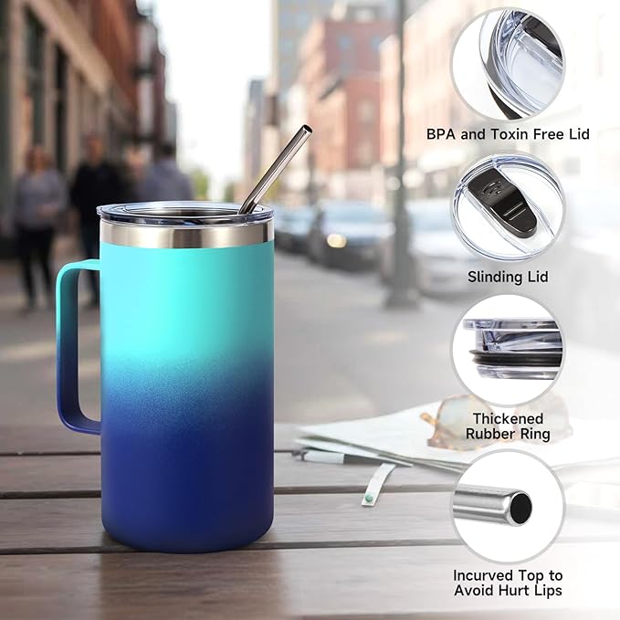 Volhoply 24oz Insulated Coffee Mug with Lid and Straw, Stainless Steel Travel Mugs with Handle, Double Wall Vacuum Leak Proof Coffee Tumbler Cup (Green Blue,1)