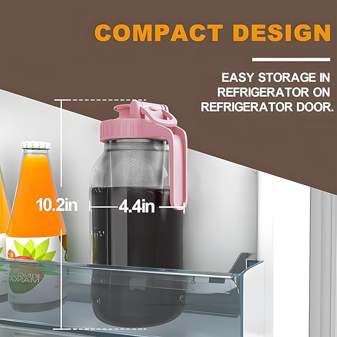 JunVpic Cold Brew Coffee Maker Jar - 64oz Thick Glass Multipurpose Mason Pitcher Spout Lid with Handle & Stainless Steel Filter for Iced Coffee, Lemonade, Ice Tea, Homemade Fruit Drinks Container