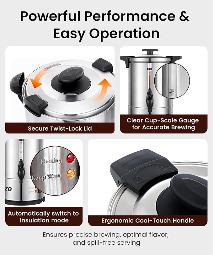 AZZO KITCHEN Commercial Coffee Maker 50-Cup Large Coffee Urn with Percolator Coffee Pot Electric 8L Stainless Steel Fast Brew Hot Water Dispenser for Tea Catering Events Home Office Easy Cleaning