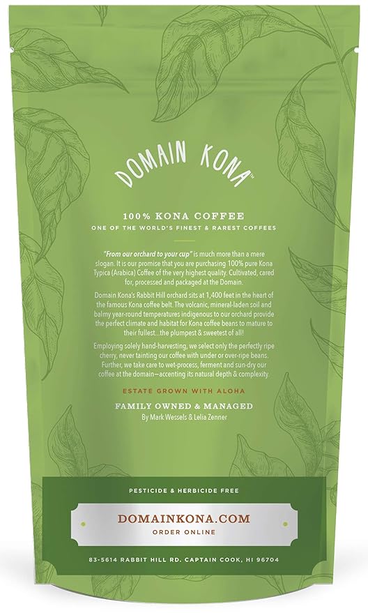 100% Kona Coffee - Extra Fancy grade Whole Beans - Almost Dark roast, Single estate gourmet coffee, 16 ounces, ships direct from Domain Kona Coffee