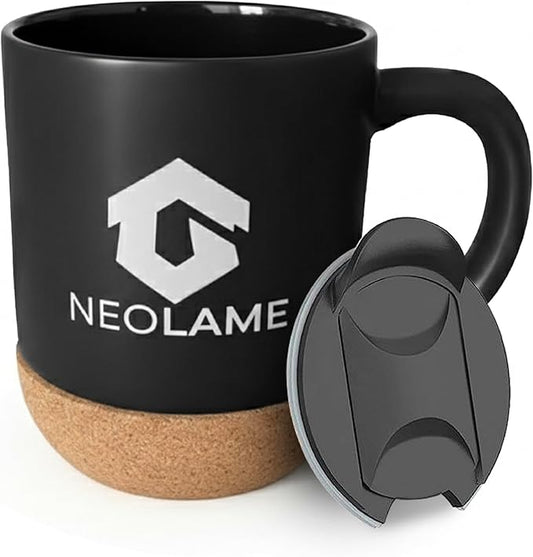 NeoLame Ceramic Coffee Mug with Cork Bottom and Spill Proof, Re-usable Coffee Mug for Home or Work, Heat Preservation and Removable Locking lid with Sliding spout, 400ML Volume (black)