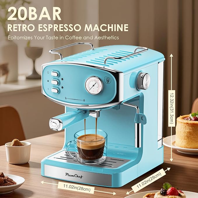 20 Bar Vintage Style Espresso Machine Coffee Maker with Milk Frother, ESE Pod Compatible Coffee Machine, Pressure Gauge, 54 oz Food-Grade PP Removable Water Tank, Ideal for Home Barista(Blue)
