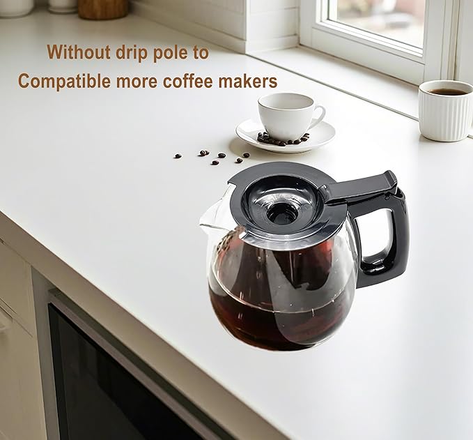 12-Cup Glass Coffee Pot Replacement, Universal and Adjustable, Compatible with Mr Coffee, B&D, Hamilton Beach and Cuisinart Coffee Makers, Black Lid and Handle