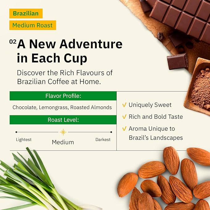 Brazilian Santos Medium Roast Coffee Beans - Single Origin Arabica Coffee Beans, Freshly Roasted to Order, Ground Coffee Low Acid with Smooth Cocoa Notes, Specialty Grade and Fair Trade - 12 oz
