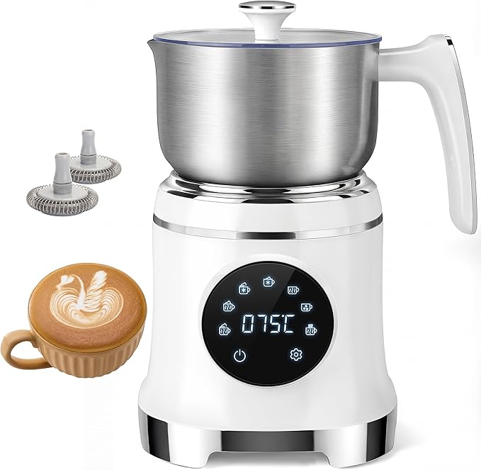 VIPDIGI 7-IN-1 Milk Frother, 20.3 OZ Milk Frother and Steamer with Temperature Control Stainless Steel Electric Milk Frother Dishwasher Safe Hot and Cold Foam for Latte Hot Chocolate Cocoa (White)