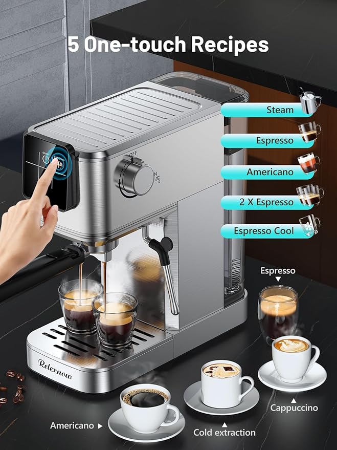Espresso Machine, 20 Bar Espresso Maker Milk Frother & LCD Panel, Hot & Iced with Rapid Cold Brew, Stainless Steel Espresso Coffee Machine with 41oz Water Tank for Cappuccino, Latte