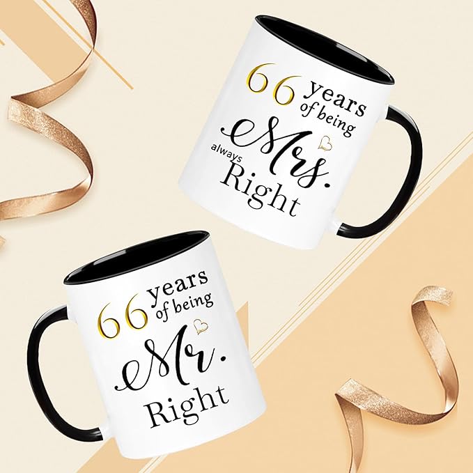 WOSIWULA 66 Year Anniversary Birthday Coffee Mugs Set of 2, 66th Wedding Anniversary Decorations Gifts for Couple Grandparents Parents Women Men Wife Husband Her Him, 66th Birthday Gifts, 11oz