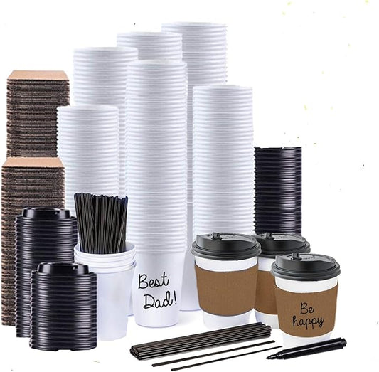 130 Disposable Paper Coffee Cups with Lids - 12 oz To Go Coffee Cups for Home, Office, Parties, Travel, Premium Paper Cups, includes Lids, Sleeves, Stirrers and Permanent Marker!