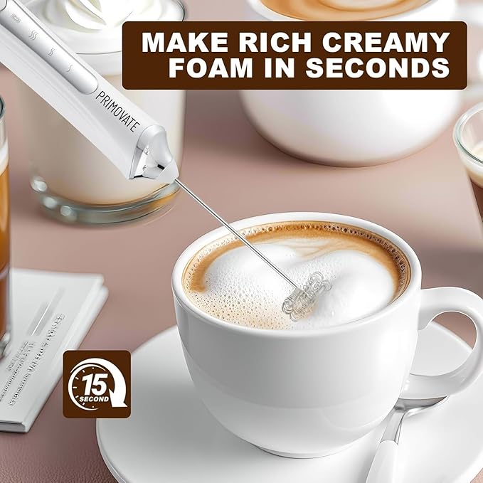 Rechargable Milk Frother, Handheld Drink Mixer with Whisk Attachment, 2025 upgraded powerfull 3 speed motor, Type C charging with charge light, with extra egg mix head (White with Stand)