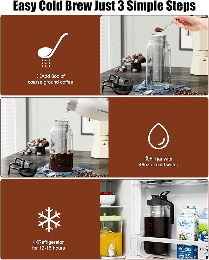 VA1KENE 2-Pack Cold Brew Coffee Maker - 64oz Mason Jar Pitcher with Stainless Steel Filter, Spout Lid for Iced Coffee, Tea, Lemonade & Fruit Drinks