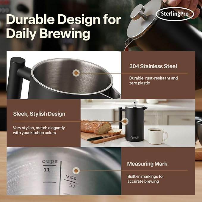 Stainless Steel French Press Coffee Maker Large 1.5 L(51 oz) Black – Durable Double Walled Insulated Coffee Press Keeps Drinks Hot, Easy to Use and Clean Stylish Design for Rich Flavor