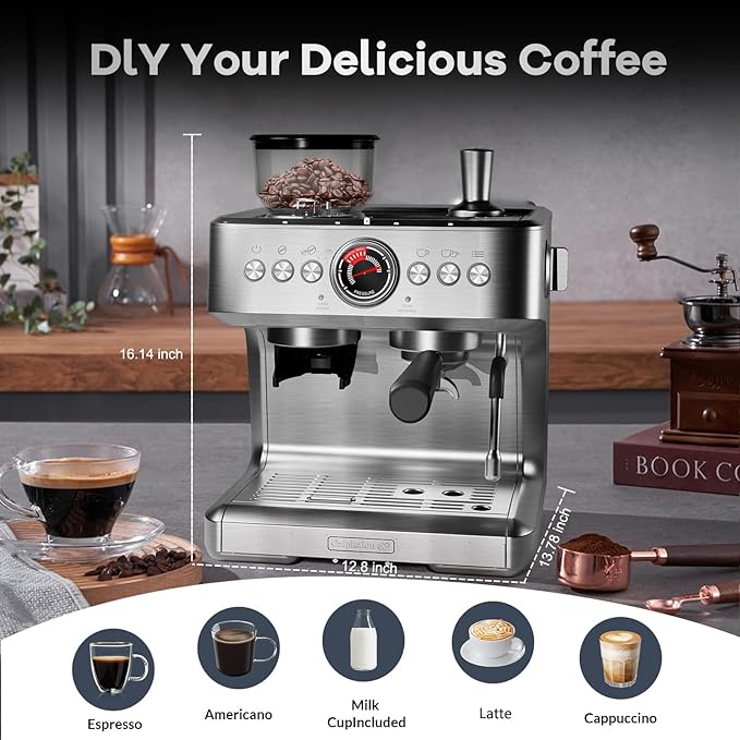20 Bar Espresso Machine with Grinder & Milk Frother, Coffee and Espresso Maker Combo, All-in-One Espresso Coffee Machine for Cappuccino Latte, 30 Grind Settings, PID Control, 2.8L Removable Water Tank