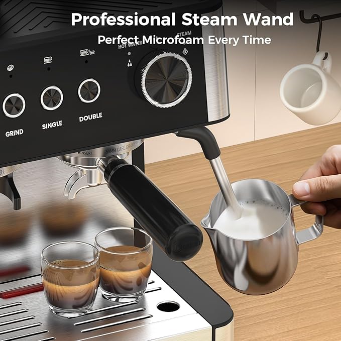 (2025 Upgrade Espresso Machine with Grinder, 20 Bar Professional Espresso Coffee Machine with Anti-Clog Design, Built-in Milk Frother Steam Wand-Perfect Cappuccino & Latte Maker for Home