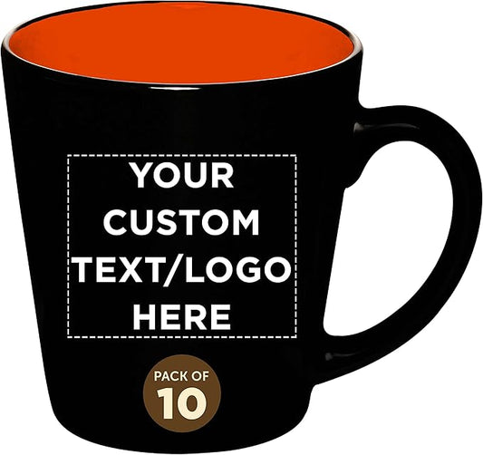 Custom Ceramic Coffee Latte Mugs 12 oz. Set of 10, Personalized Bulk Pack - Perfect for Coffee, Tea, Espresso, Hot Cocoa, Other Beverages - Orange
