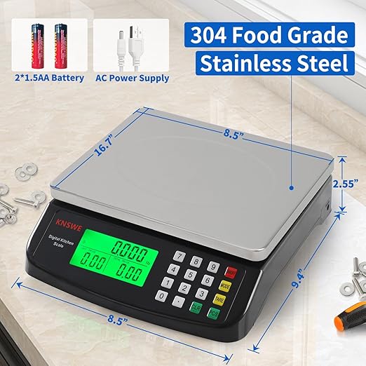 KNSWE Large Kitchen Scale Black 40KG/88LB Commercial Food Scales Digital Weight for Cooking Meat Baking Bread Price Computing 304 Stainless Steel with Parts Counting Deli Stores Tare Function