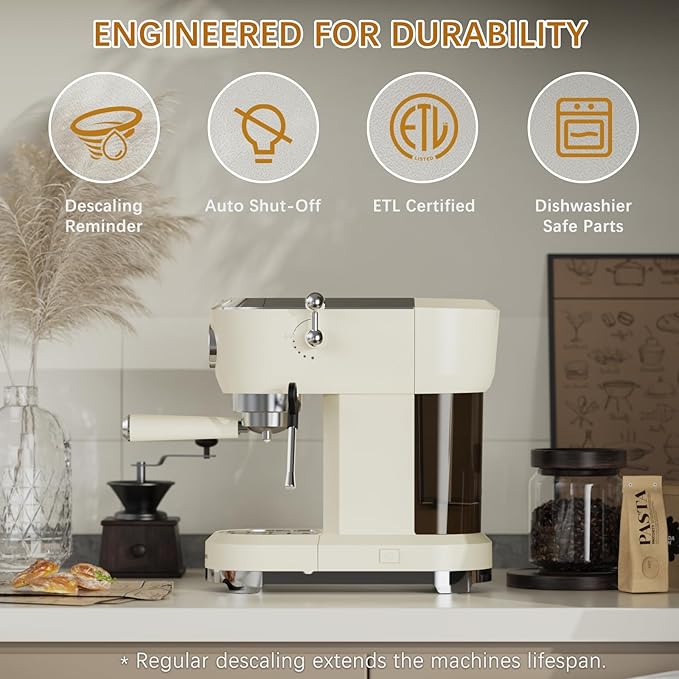 Espresso Machine 20 Bar, Latte and Cappuccino Machine with Steam Milk Frother, Fast Heating, Professional Espresso Maker for Home, 42oz Removable Water Tank, Cream