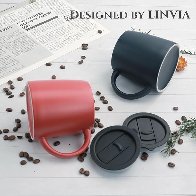 LINVIA Classic Mug, 14 oz Large Coffee Mug with Handle, Ceramic Porcelain Tea Cup, Smooth Matte (Sliding Lid, Set of 2, Red and Navy Blue)