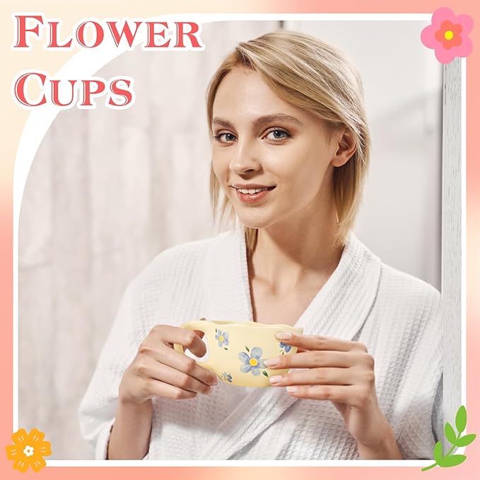 MAKCNMYM Ceramic Coffee Mug Set of 2 Vintage Flower Mugs 8 oz Cute Floral Coffee Mugs Irregular Latte Art Cup Lead-free Porcelain Cups for Cappuccino, Cocoa (Pink Cherry and Blue Flower)