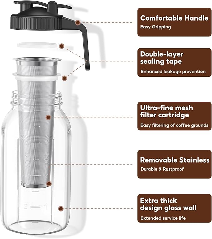 AHOMSEL Cold Brew Coffee Maker Jar - 2 Pack 64 oz/32 oz Glass Cold Brew Maker with Handle, Stainless Steel Filter & Leak-Proof Lid, Heavy Duty Cold Brew Pitcher for Iced Coffee, Sun Tea, and Milk