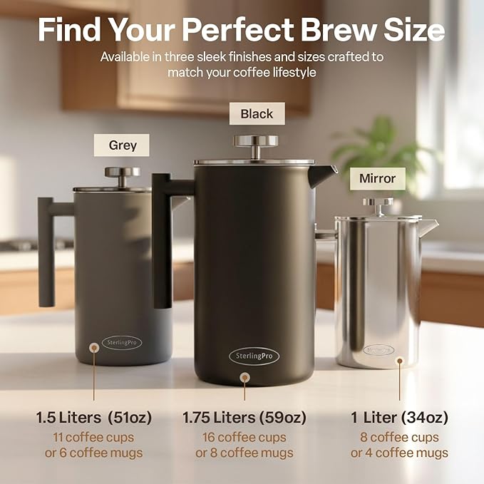 Stainless Steel French Press Coffee Maker Large 1 L(34 oz) Mirror – Durable Double Walled Insulated Coffee Press Keeps Drinks Hot, Easy to Use and Clean Stylish Design for Rich Flavor