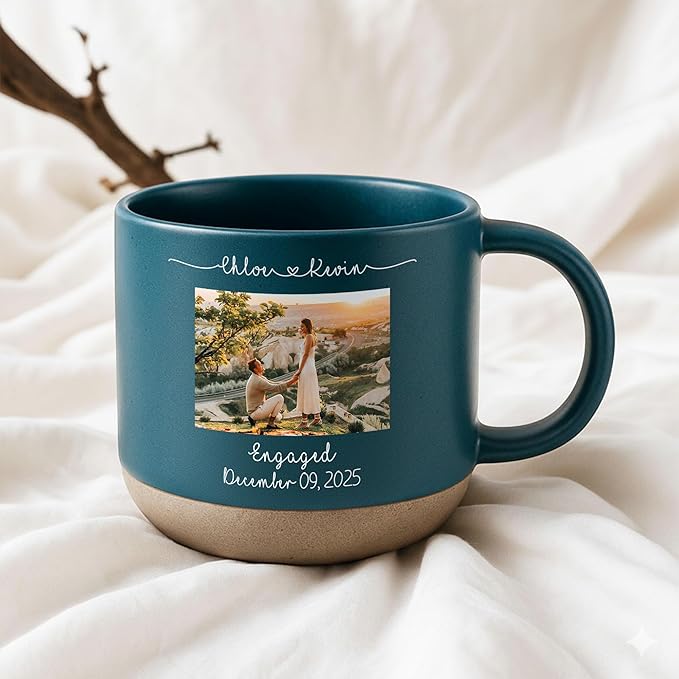 Personalized Engagement Photo Pottery Mug 12oz, Custom Couple Picture Mug with Names & Date, Wedding and Anniversary for Couple