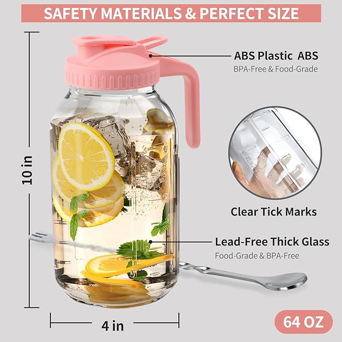 Cnsndqedke 64oz Glass Pitcher with Lid &Pour Spout - 2 Quart Breastmilk Pitcher Double Leak Proof, Creamer Container for Sun Tea, Juice, Cold Brew Coffee, Breastmilk Storage Container -Pink Lid