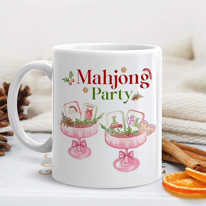 Christmas Pink Mahjong Cocktail Mug, Mahjong Gifts for Women Coffee Cup Ceramic, Gifts for Cocktail Lovers, Holiday Christmas Mah Jong Party Ceramic Coffee Tea Mug 11 oz