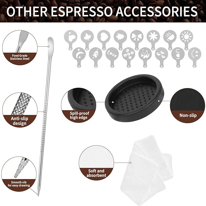 53.3mm Espresso Accessories Kit, 24PCS Coffee Tamper Set，Barista Kit, WDT Tool,316stainlesss Frothing Pitcher, Stirrer, Tamper Mat, Latte Art Pen ， Coffee puck screen