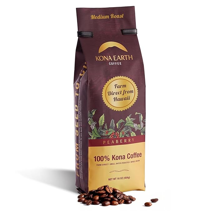 KONA EARTH 100% Kona Peaberry Coffee, Medium Roast, Whole Bean, 1 lb (16oz) Farm-Direct, Authentic Hawaiian Kona Coffee beans from Hawaii’s Big Island, Micro-Batch-Roasted
