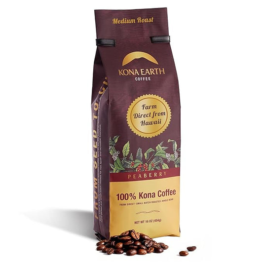 KONA EARTH 100% Kona Peaberry Coffee, Medium Roast, Whole Bean, 1 lb (16oz) Farm-Direct, Authentic Hawaiian Kona Coffee beans from Hawaii’s Big Island, Micro-Batch-Roasted