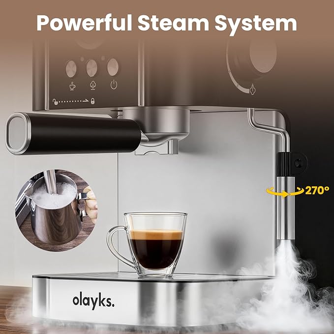 olayks. Professional 20-Bar Espresso Coffee Maker, Semi-Automatic with Steam Wand Milk Frother, All-in-One Machine with 1.8L Removable Tank for Latte Cappuccino, Easy Clean