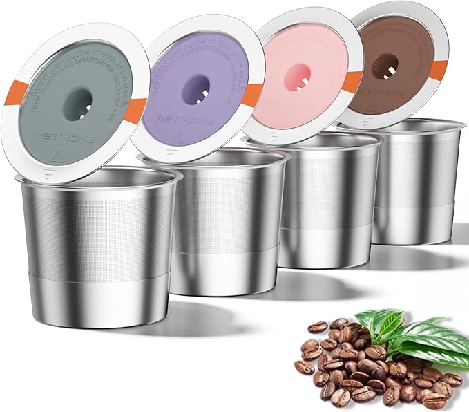RETHONE K Cup Reusable Coffee Pods, Stainless Steel Reusable K Cups Coffee Filter Compatible with Keurig 1.0 & 2.0 Coffee Makers BPA-Free Refillable Coffee Filters (4 Pack)