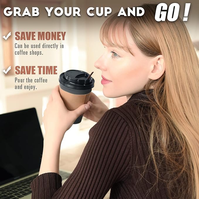 100 Pack - 12 oz Disposable Coffee Cups To Go with Lids Sleeves and Straws 100% Biodegradable & Compostable Pla Eco Friendly Paper Coffee Cups for Tea Coffee Hot Chocolate